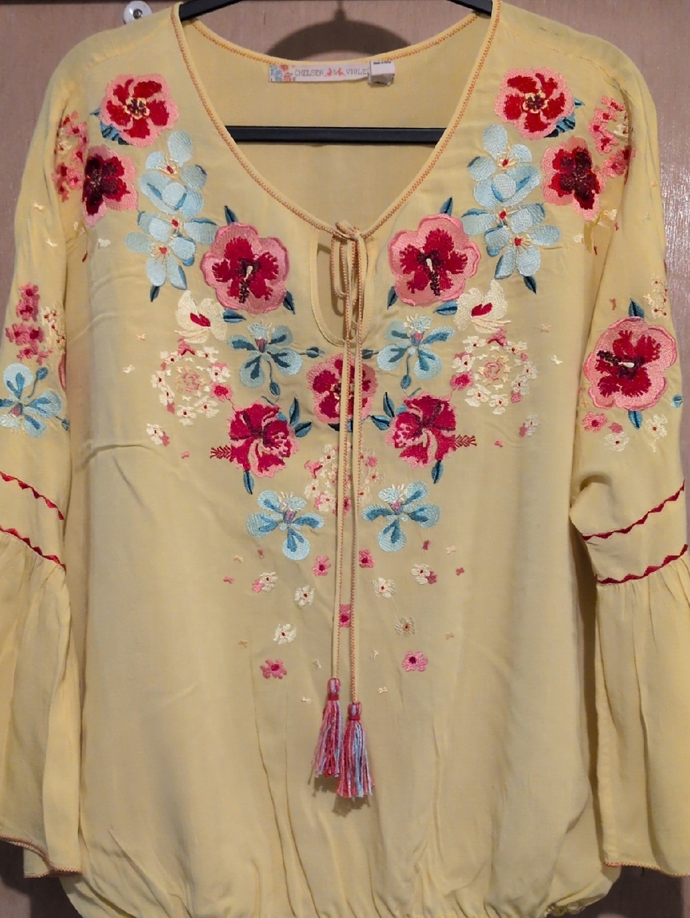 Embroidered V-Neck Boho Top - Yellow with Floral Accents